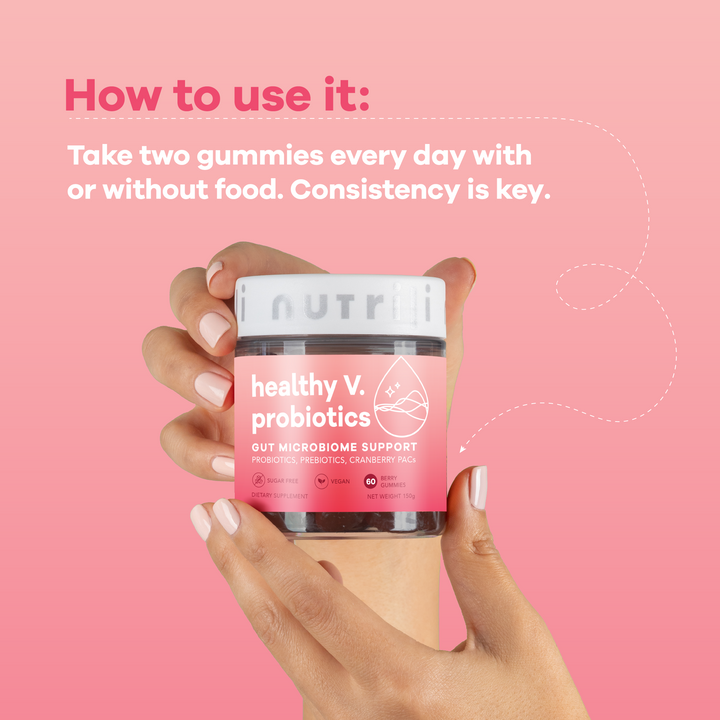 Women’s health probiotic capsules on a white background