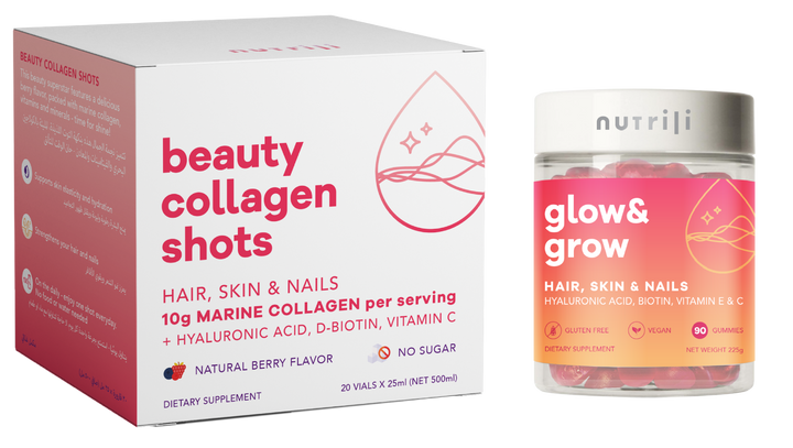 nutrili beauty set for hair skin and nails vegan gummies and marine collagen | #FDEBDF