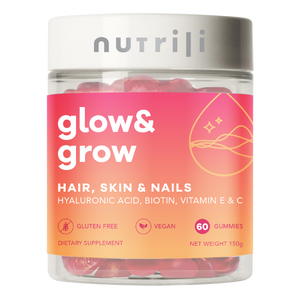 Glow & Grow vegan vitamin gummies for hair, skin & nails contain hyaluronic acid, biotin, vitamin e & c. Also, they're gluten free and vegan
