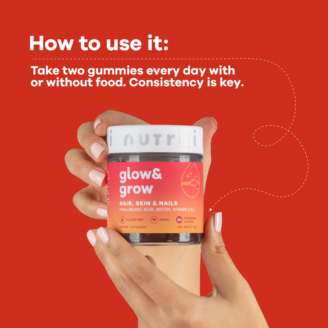 Open bottle of Glow & Grow hair and nails gummies