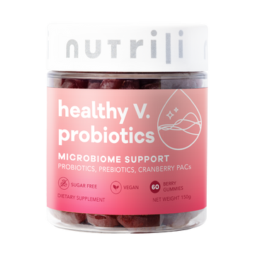Women’s probiotic capsules bottle for digestive health