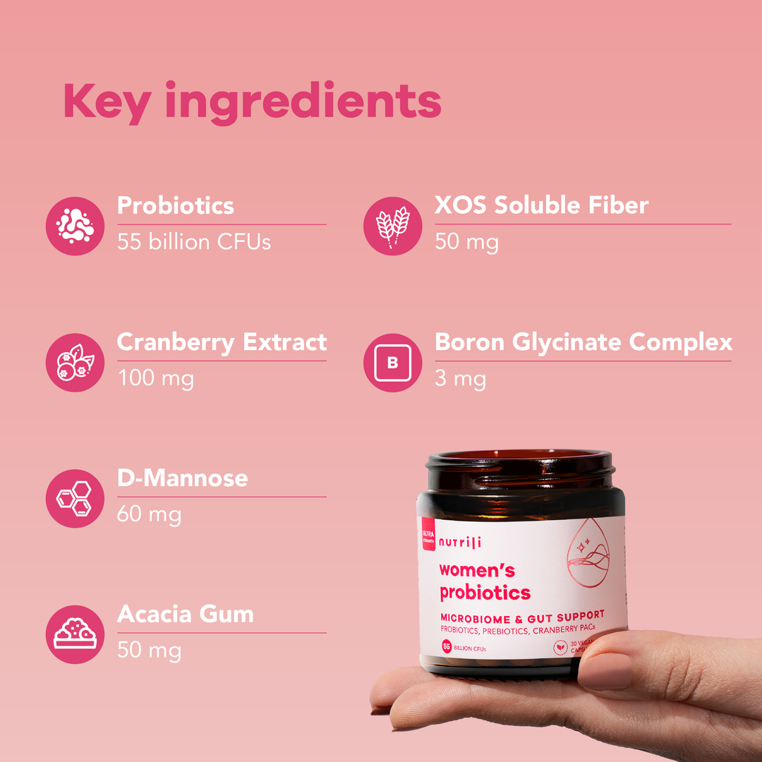 Nutrili women's probiotics jar with key ingredients listed on a pink background
