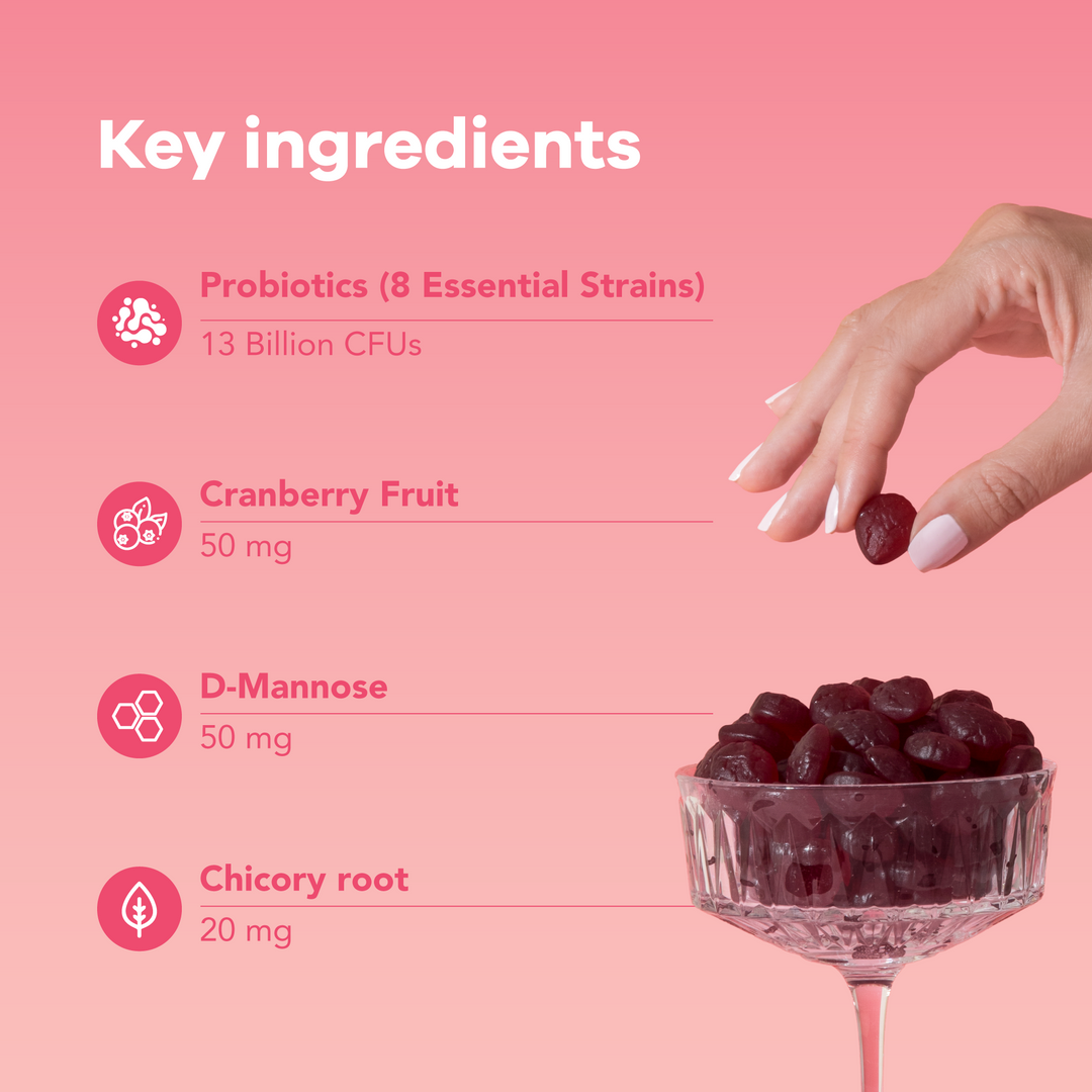 Nutrili Healthy V. capsules next to fresh cranberries